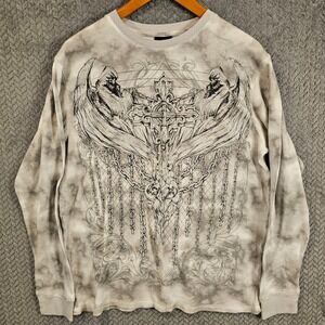 MMA Elite Mens XL Grey Reaper Cross Graphic Thermal Waffle Knit Shirt Y2K